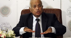 Arab League Secretary General Araby speaks at a news conference in Cairo